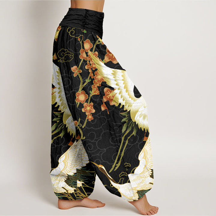 Buddha Stones純綿 鶴 花 縁起の良い雲柄 レディース ウエストゴム ハーレムパンツ - image 2