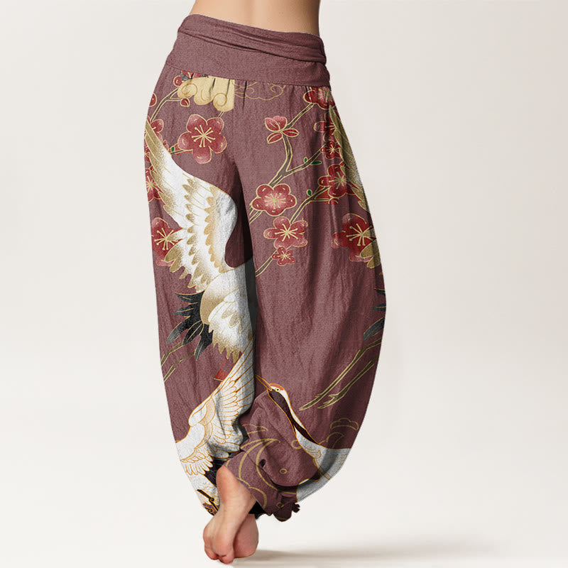 Buddha Stones純綿 鶴 花 縁起の良い雲柄 レディース ウエストゴム ハーレムパンツ - image 6