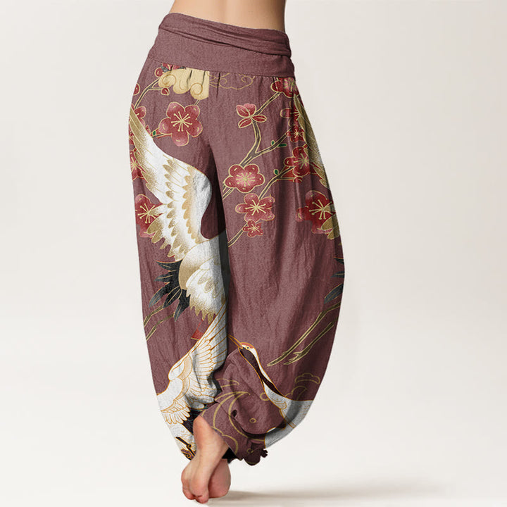 Buddha Stones純綿 鶴 花 縁起の良い雲柄 レディース ウエストゴム ハーレムパンツ - image 6