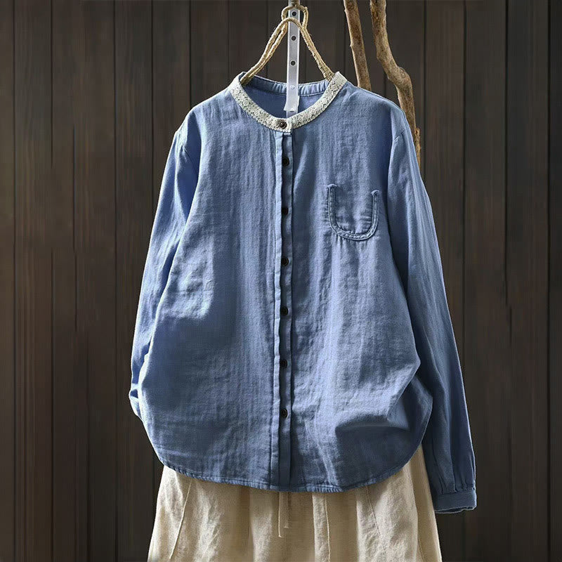 Buddha Stones 春秋 レースカラー ボタンダウン 長袖 レディース コットンシャツ - ライトスカイブルー - US6、 UK/AU10、 EU38 (L) - image 0