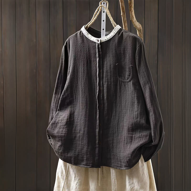 Buddha Stones 春秋 レースカラー ボタンダウン 長袖 レディース コットンシャツ - ディムグレー - US6、 UK/AU10、 EU38 (L) - image 16