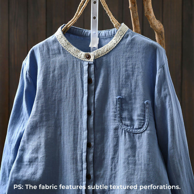 Buddha Stones 春秋 レースカラー ボタンダウン 長袖 レディース コットンシャツ - image 1