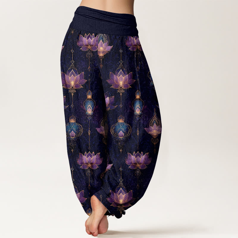 Buddha Stonesコットンのゴージャスな蓮のランタン柄レディース伸縮性ウエストハーレムパンツ - image 1