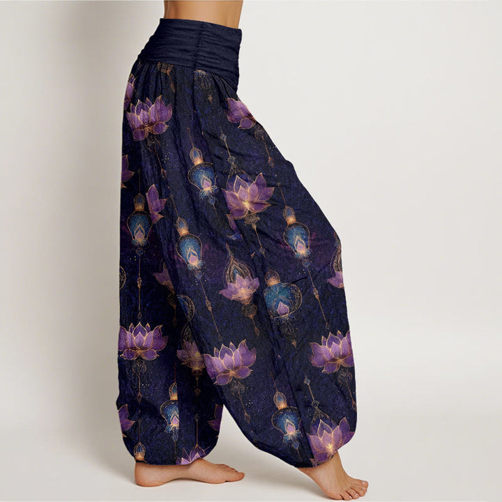 Buddha Stonesコットンのゴージャスな蓮のランタン柄レディース伸縮性ウエストハーレムパンツ - image 2