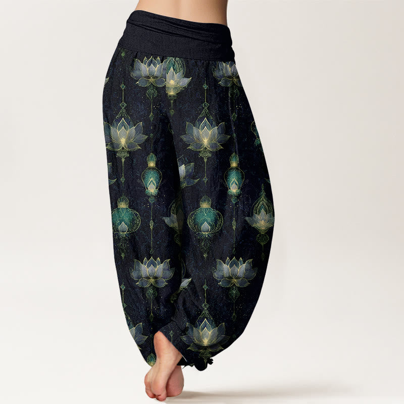 Buddha Stonesコットンのゴージャスな蓮のランタン柄レディース伸縮性ウエストハーレムパンツ - image 6