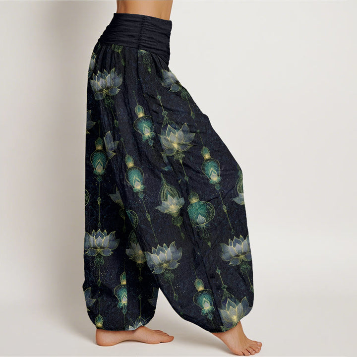 Buddha Stonesコットンのゴージャスな蓮のランタン柄レディース伸縮性ウエストハーレムパンツ - image 7