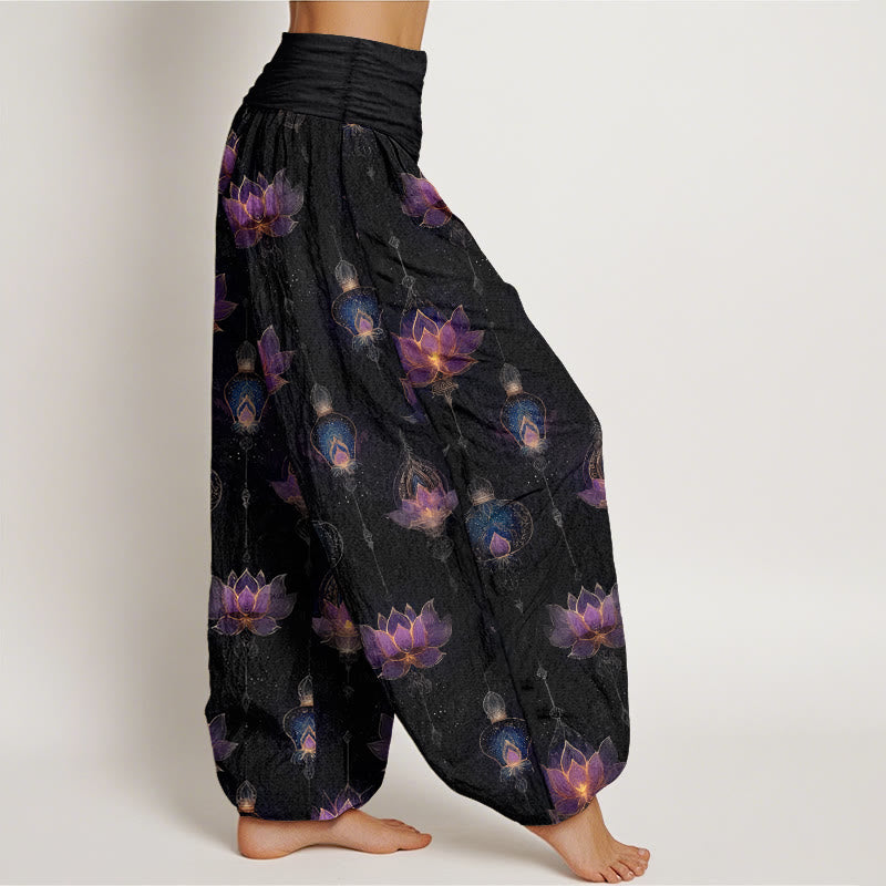 Buddha Stonesコットンのゴージャスな蓮のランタン柄レディース伸縮性ウエストハーレムパンツ - image 10