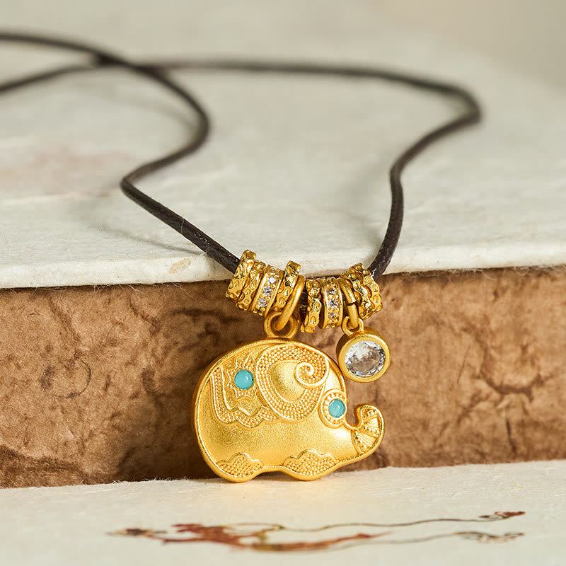 Buddha Stones象のシンボル 24Kゴールドメッキ 真鍮 強さ ロープ ネックレス ペンダント - image 1