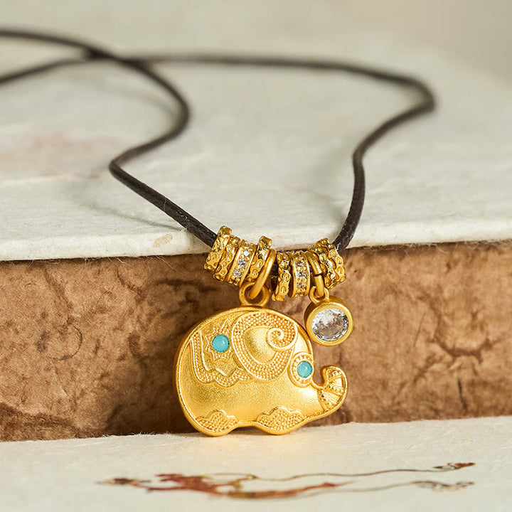 Buddha Stones象のシンボル 24Kゴールドメッキ 真鍮 強さ ロープ ネックレス ペンダント - image 1