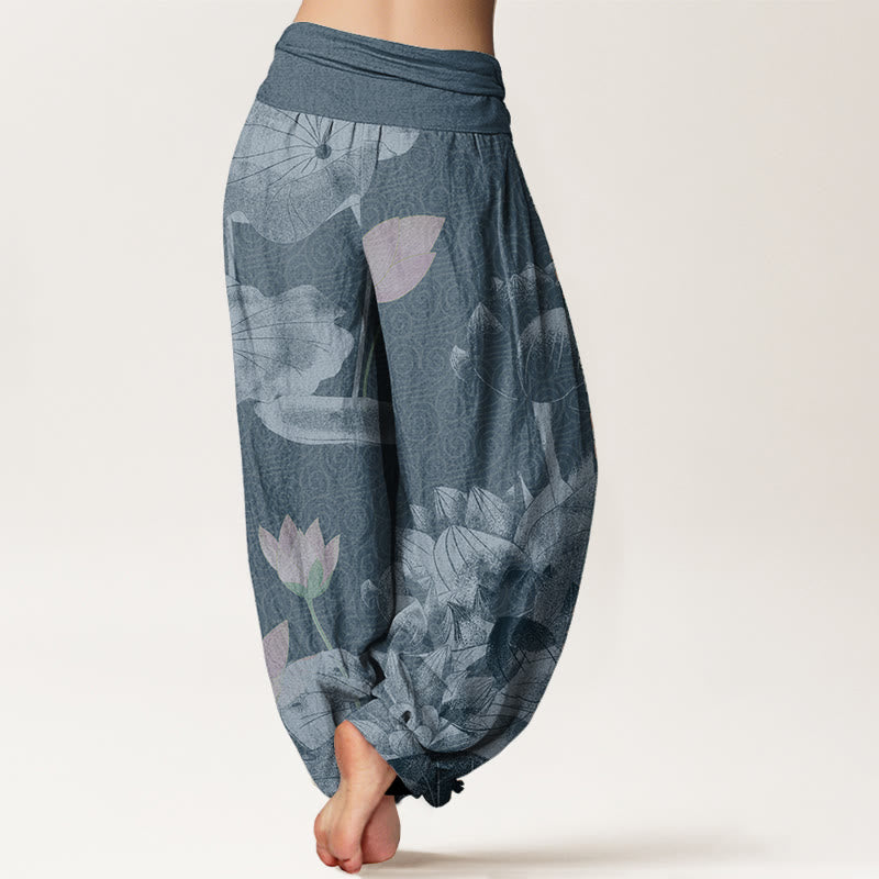 Buddha Stonesコットン ピンク＆ホワイト ロータス レディース 伸縮性ウエスト ハーレムパンツ - image 5