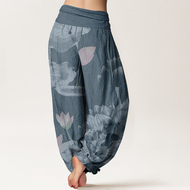 Buddha Stonesコットン ピンク＆ホワイト ロータス レディース 伸縮性ウエスト ハーレムパンツ - image 5