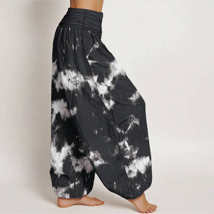 Buddha Stonesコットンホワイトラインスポットタイダイ柄レディース伸縮性ウエストハーレムパンツ - image 1