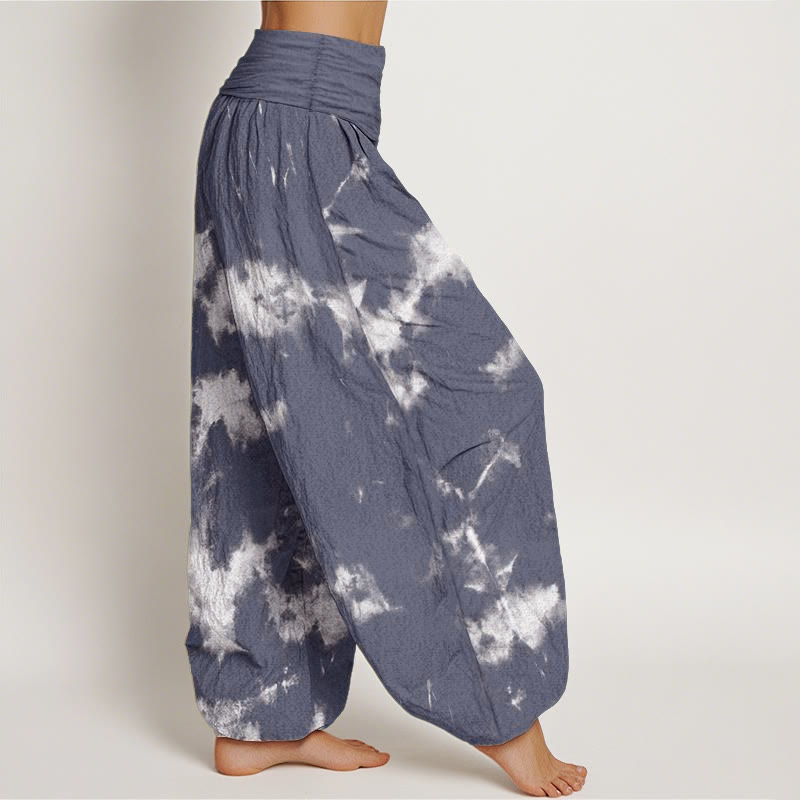 Buddha Stonesコットンホワイトラインスポットタイダイ柄レディース伸縮性ウエストハーレムパンツ - image 5