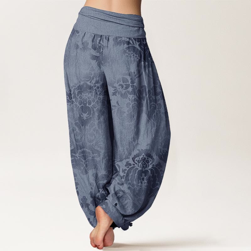 Buddha Stonesコットン カジュアル 花柄 葉っぱデザイン レディース 伸縮性ウエスト ハーレムパンツ - image 2