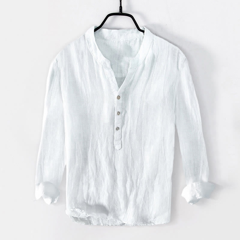 Buddha Stones手形建築模様半ボタンメンズコットンリネン長袖シャツ - image 7