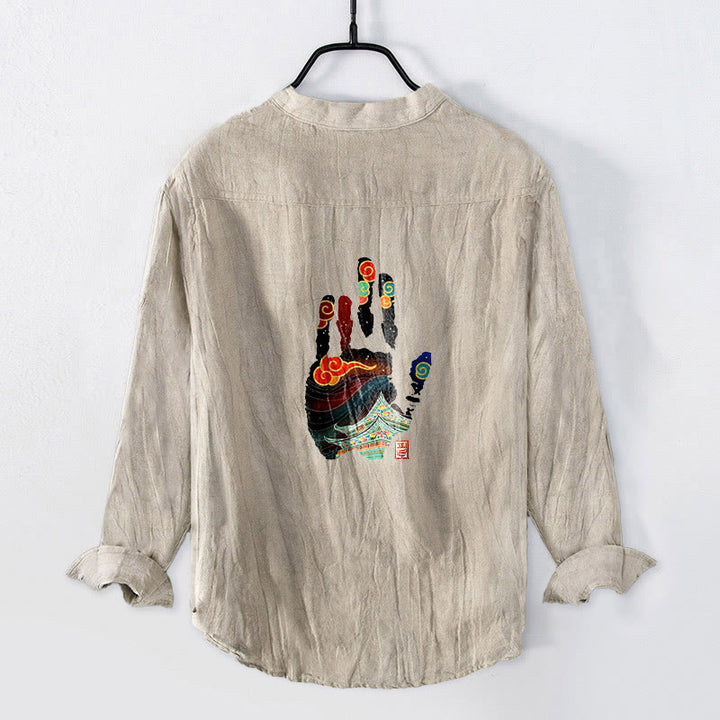 Buddha Stones手形建築模様半ボタンメンズコットンリネン長袖シャツ - リネン - US/UK/AU50、EU60 (5XL) - image 0