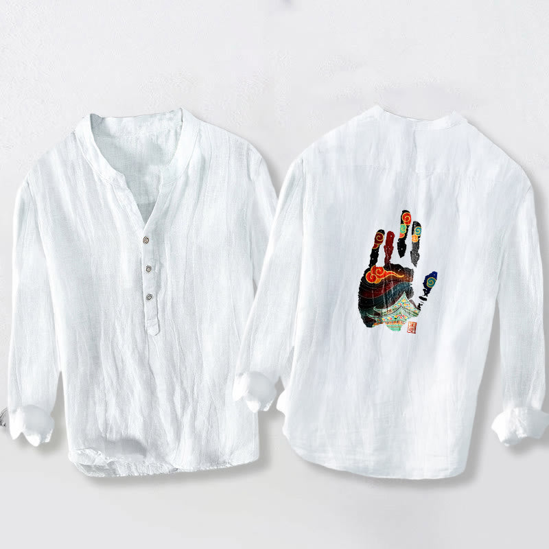 Buddha Stones手形建築模様半ボタンメンズコットンリネン長袖シャツ - image 8