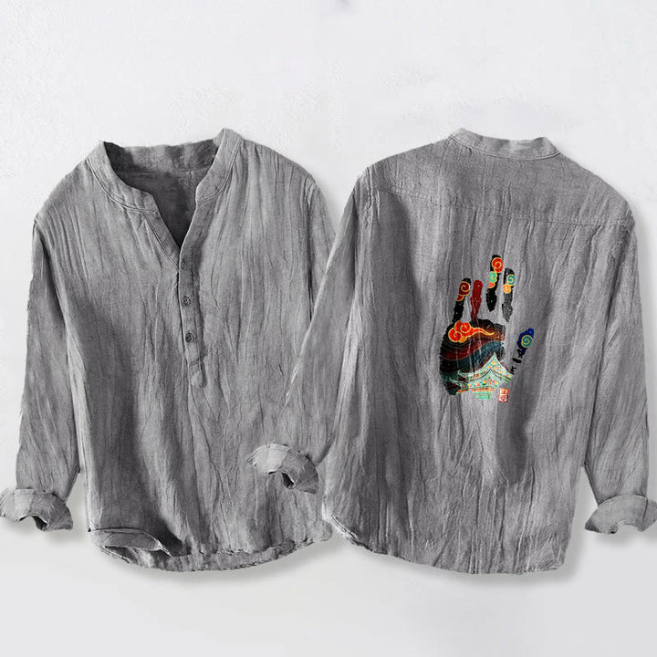 Buddha Stones手形建築模様半ボタンメンズコットンリネン長袖シャツ - image 5