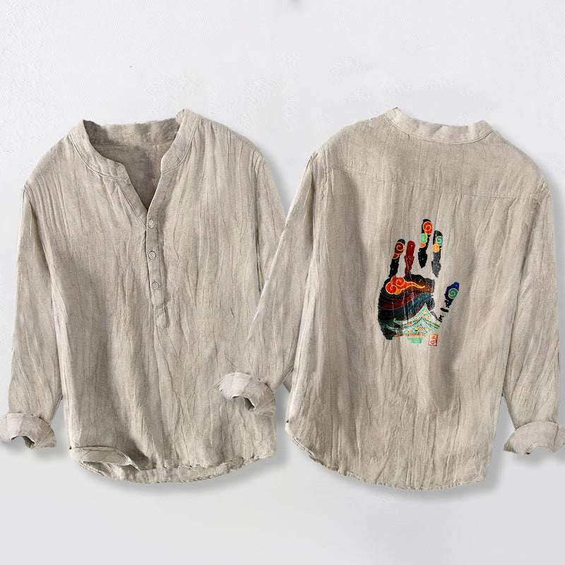 Buddha Stones手形建築模様半ボタンメンズコットンリネン長袖シャツ - image 2