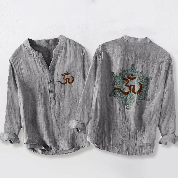 Buddha Stones、オームシンボル、対称曼荼羅柄、ハーフボタン、メンズコットンリネン長袖シャツ - グレー - US/UK/AU50、EU60 (5XL) - image 3