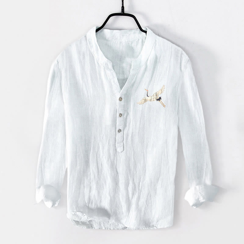 Buddha Stones、山、鶴、雲の模様 ハーフボタン メンズ コットンリネン 長袖シャツ - image 7