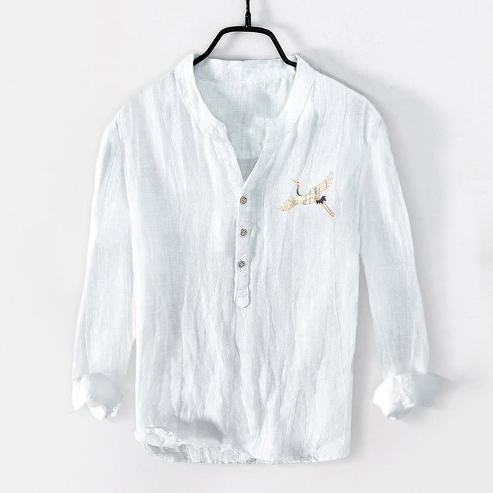 Buddha Stones、山、鶴、雲の模様 ハーフボタン メンズ コットンリネン 長袖シャツ - image 7