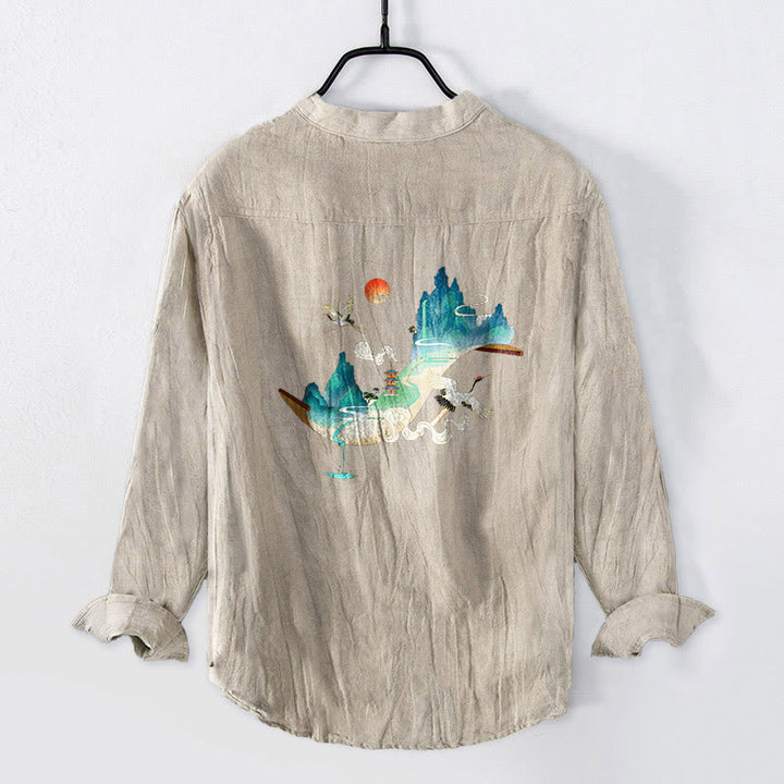 Buddha Stones、山、鶴、雲の模様 ハーフボタン メンズ コットンリネン 長袖シャツ - image 5