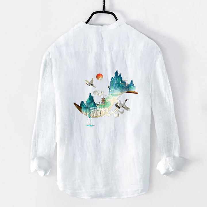 Buddha Stones、山、鶴、雲の模様 ハーフボタン メンズ コットンリネン 長袖シャツ - image 8