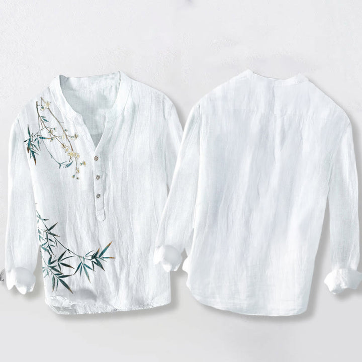 Buddha Stones、竹の葉、白い梅の花柄、コットンリネンメンズ長袖シャツ - image 8