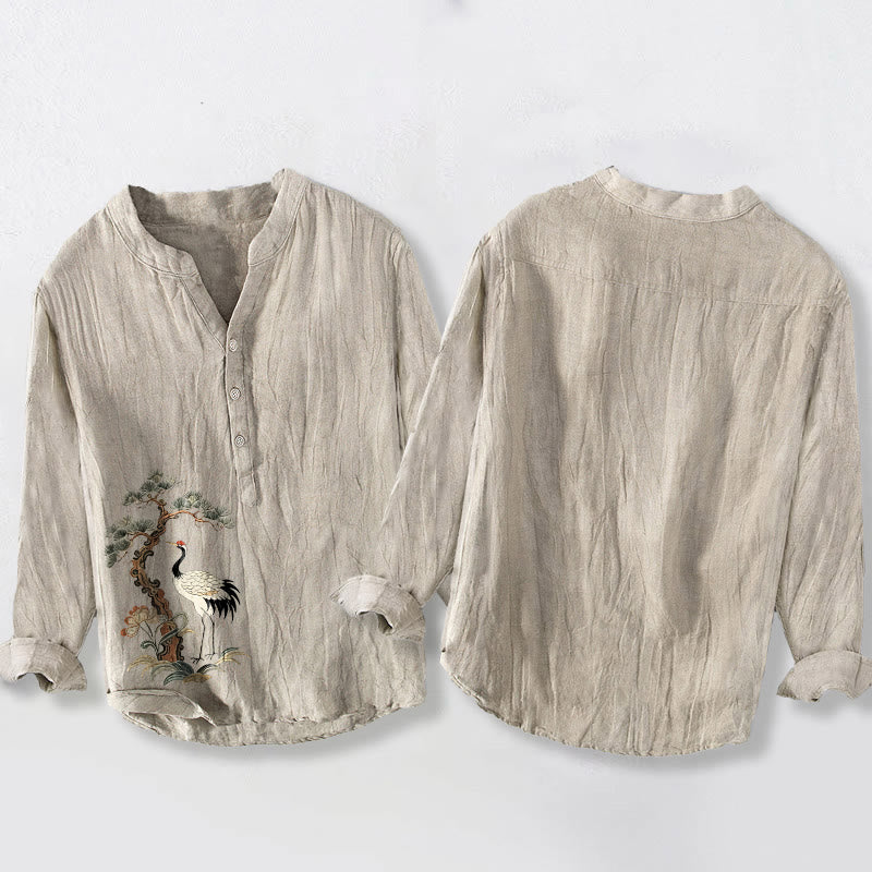 Buddha Stones、鶴、松の木柄、ハーフボタン、コットンリネン、メンズ長袖シャツ - image 2