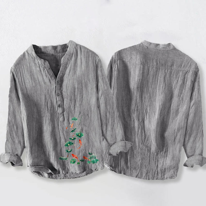 Buddha Stones、鯉、蓮の葉柄、ハーフボタン、コットンリネン、メンズ長袖シャツ - image 8