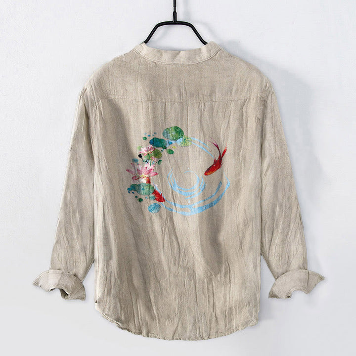 Buddha Stones、鯉、蓮の花、葉の模様、ハーフボタン、長袖メンズコットンリネンシャツ - リネン - US/UK/AU50、EU60 (5XL) - image 3