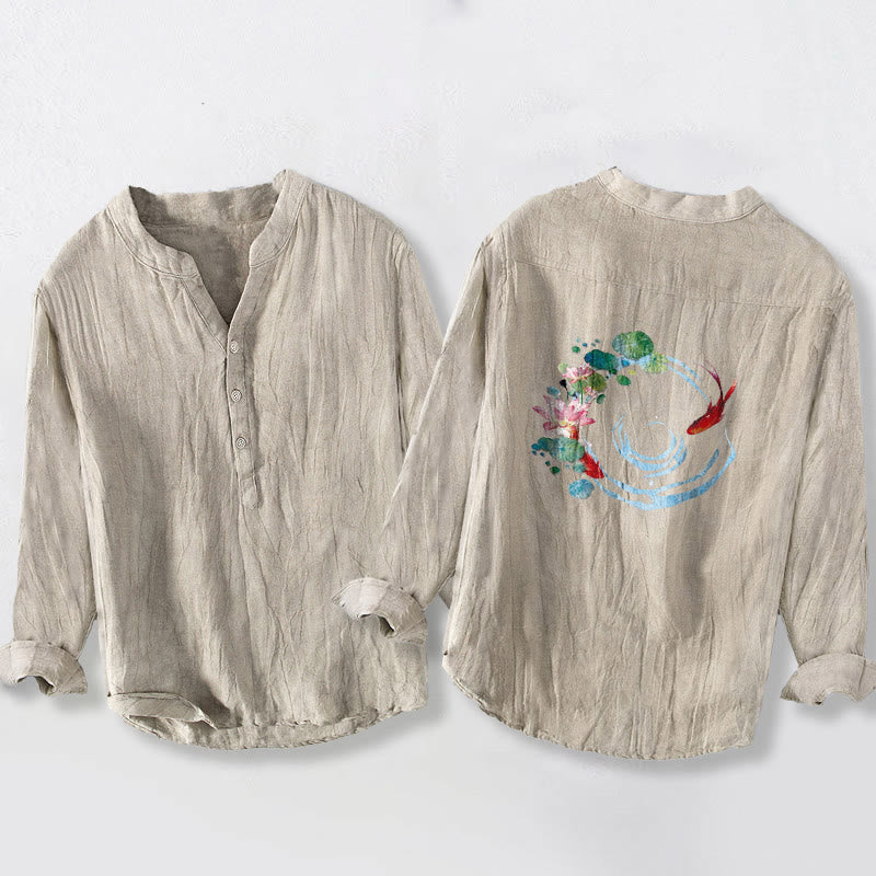 Buddha Stones、鯉、蓮の花、葉の模様、ハーフボタン、長袖メンズコットンリネンシャツ - image 5