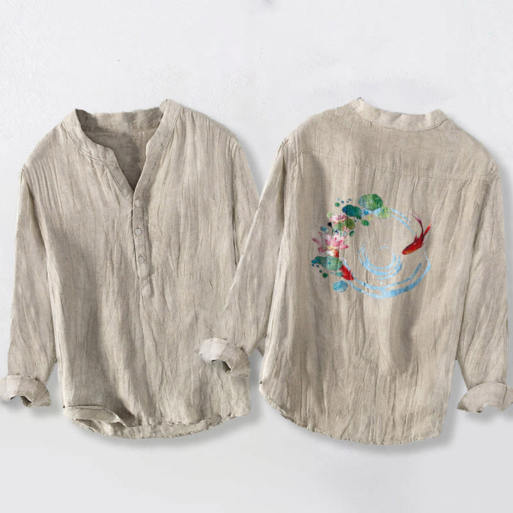 Buddha Stones、鯉、蓮の花、葉の模様、ハーフボタン、長袖メンズコットンリネンシャツ - image 5