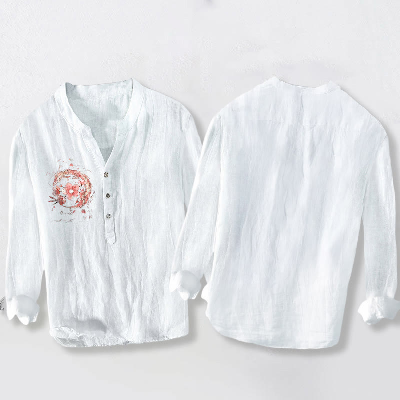 Buddha Stonesピンク 龍 桜柄 ハーフボタン 長袖 メンズ コットン リネン シャツ - image 8