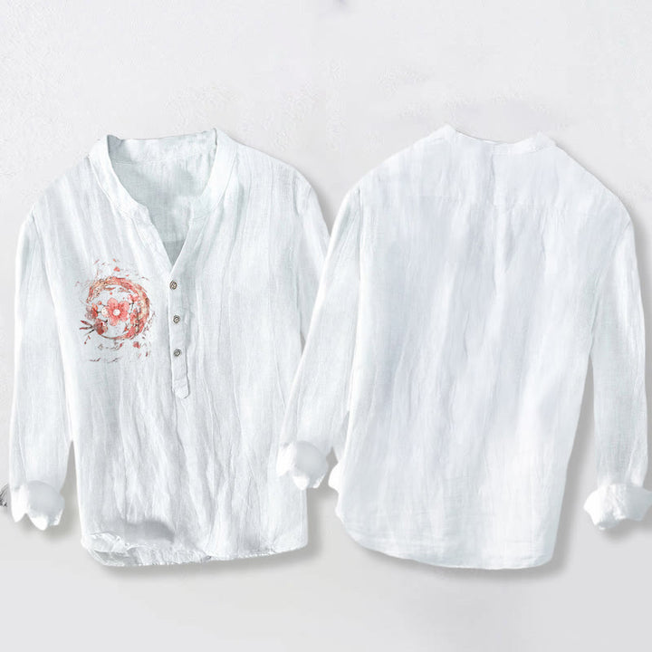 Buddha Stonesピンク 龍 桜柄 ハーフボタン 長袖 メンズ コットン リネン シャツ - image 8