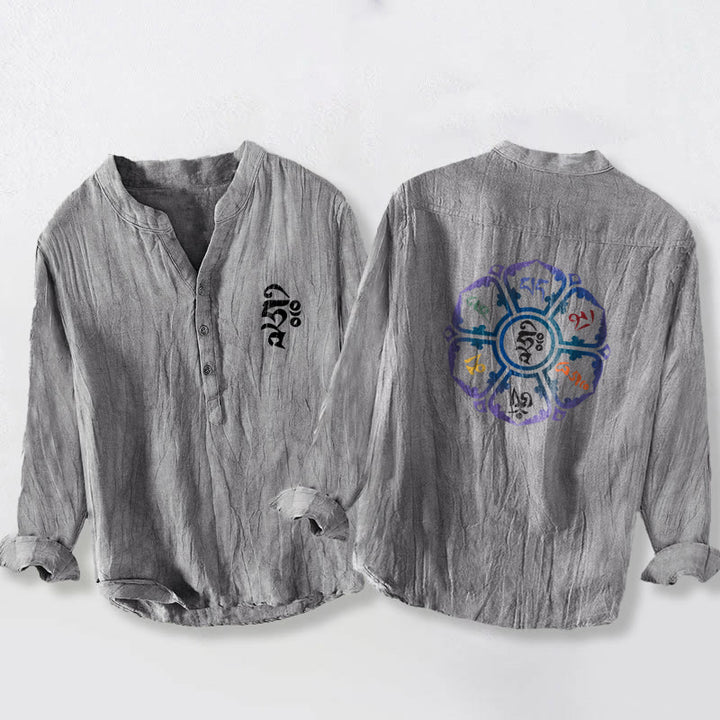 Buddha Stones、オーム・マニ・パドメ・フム、カラフルなマンダラ柄、ハーフボタン、長袖メンズコットンリネンシャツ - グレー - US/UK/AU50、EU60 (5XL) - image 6