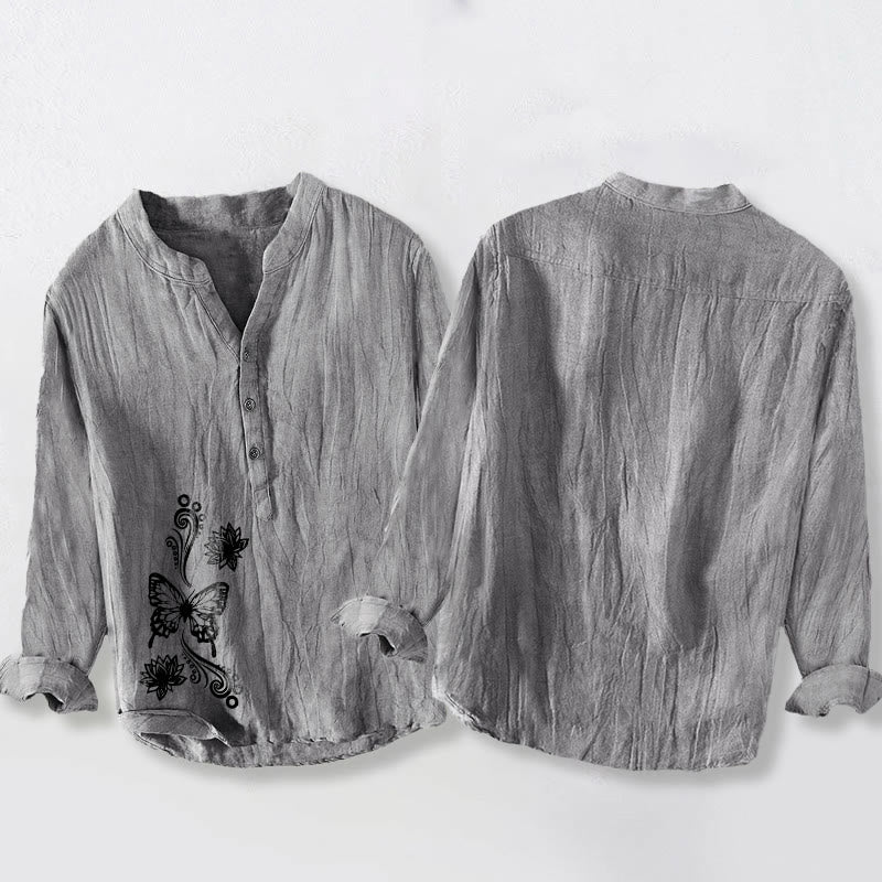 Buddha Stones、蝶、蓮の模様、ハーフボタン、長袖メンズコットンリネンシャツ - image 5