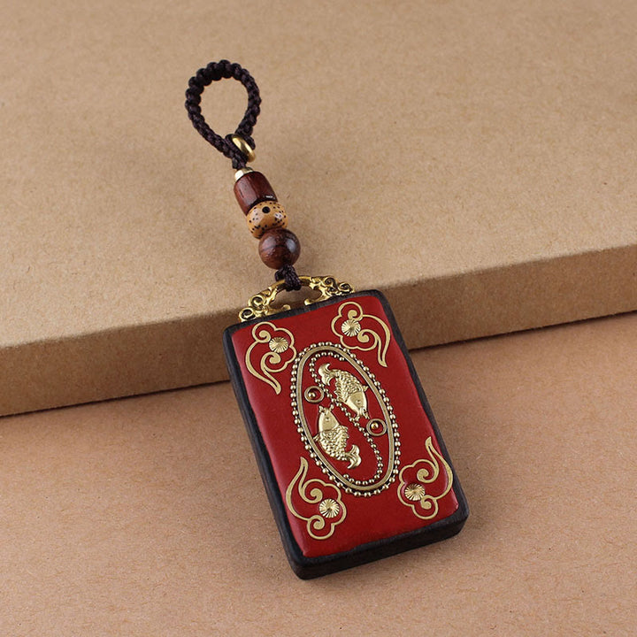 Buddha Stones、黒檀の花、鯉、風のキャラクターボタンロープキーホルダー - 茶色のボタンロープ - 鯉 - image 2