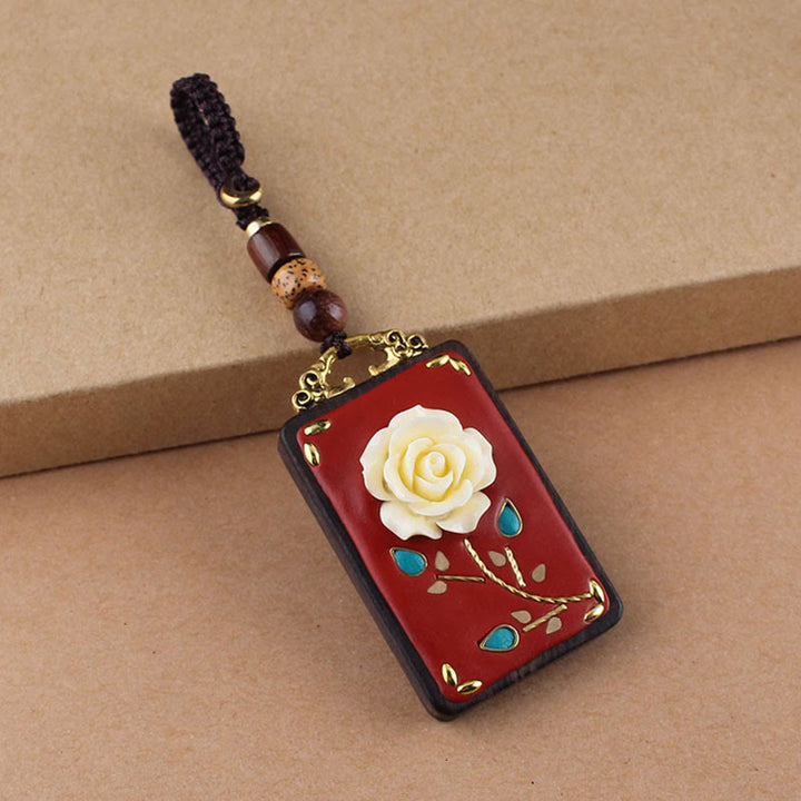 Buddha Stones、黒檀の花、鯉、風のキャラクターボタンロープキーホルダー - 茶色のボタンロープ - 薔薇 - image 1