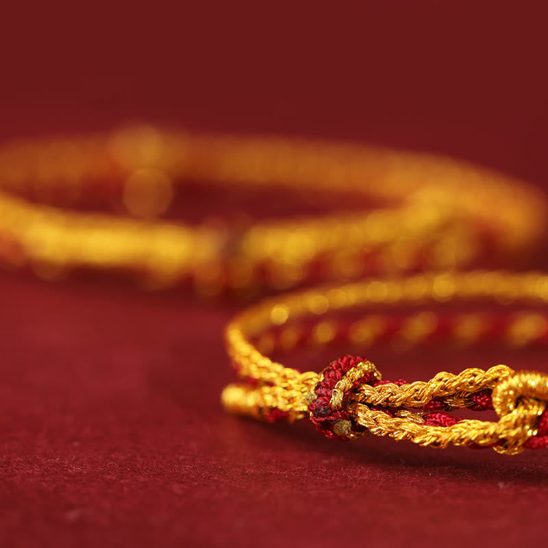 Buddha Stones999 ゴールドビーズ 銅貨 ダブルラップ 金赤紐接続 編み込みブレスレット - image 2