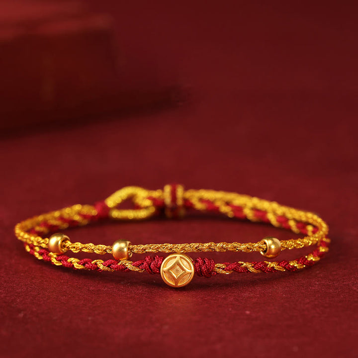 Buddha Stones999 ゴールドビーズ 銅貨 ダブルラップ 金赤紐接続 編み込みブレスレット - 999金銅貨と3つのビーズ - image 5