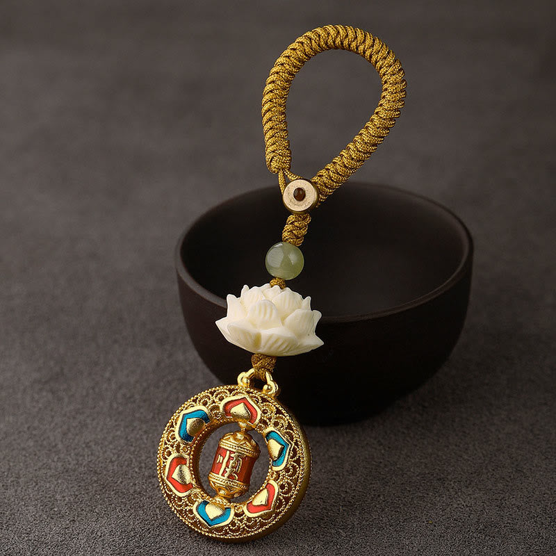 Buddha Stonesの実 蓮華 和田翡翠ビーズ 銅製 回転式 平和キーホルダー - 祈祷ホイール - 黄色いボタンロープ - image 13