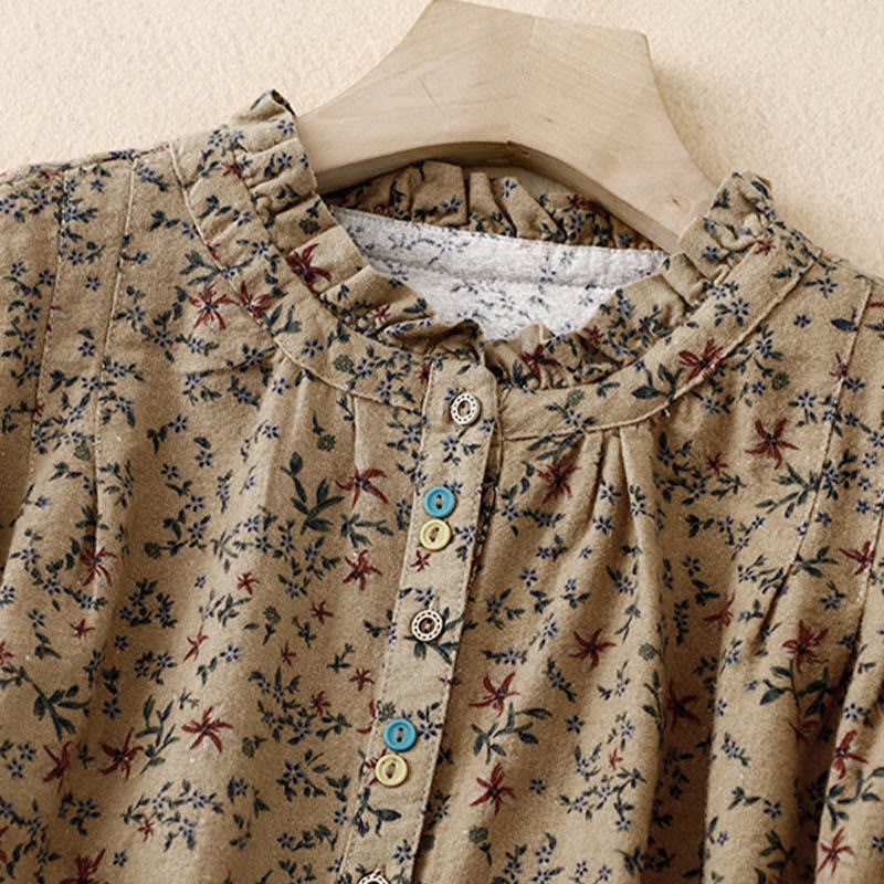 Buddha Stones秋の花柄プリント ボタンダウンデザイン レディース コットン 長袖シャツ - image 18