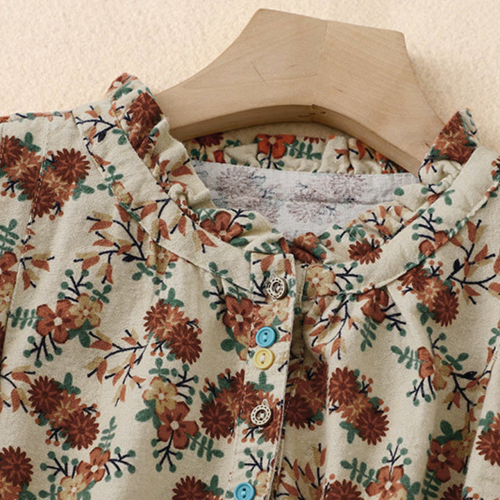 Buddha Stones秋の花柄プリント ボタンダウンデザイン レディース コットン 長袖シャツ - image 2