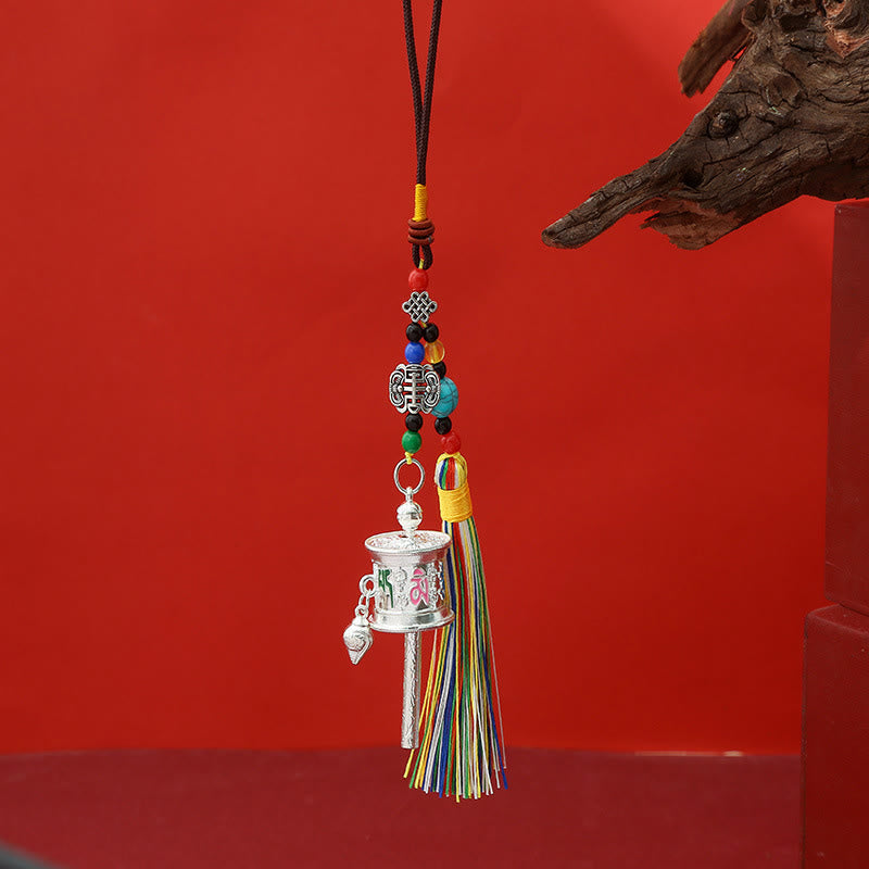 Buddha Stonesの祈祷ホイール、オーム・マニ・パドメ・フムのカラフルなタッセル、清浄のキーチェーン - フルシルバー - image 3