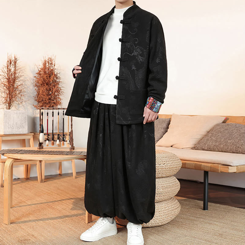 Buddha Stones 2点セット 秋冬 メンズ 唐装 ドラゴン カエルボタン コットン 長袖 ジャケット パンツ セット - image 9