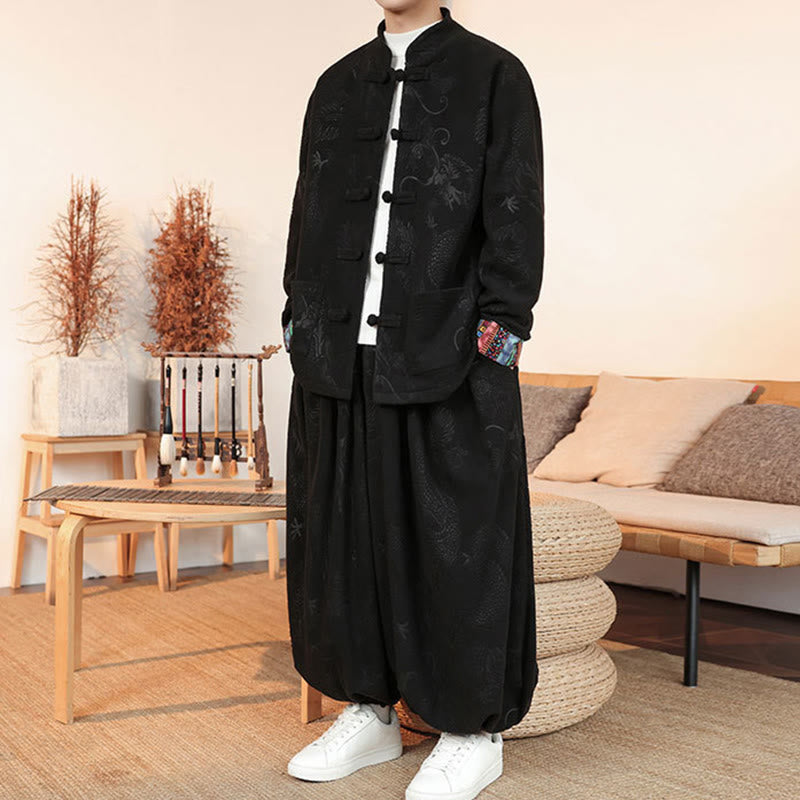 Buddha Stones 2点セット 秋冬 メンズ 唐装 ドラゴン カエルボタン コットン 長袖 ジャケット パンツ セット - image 5