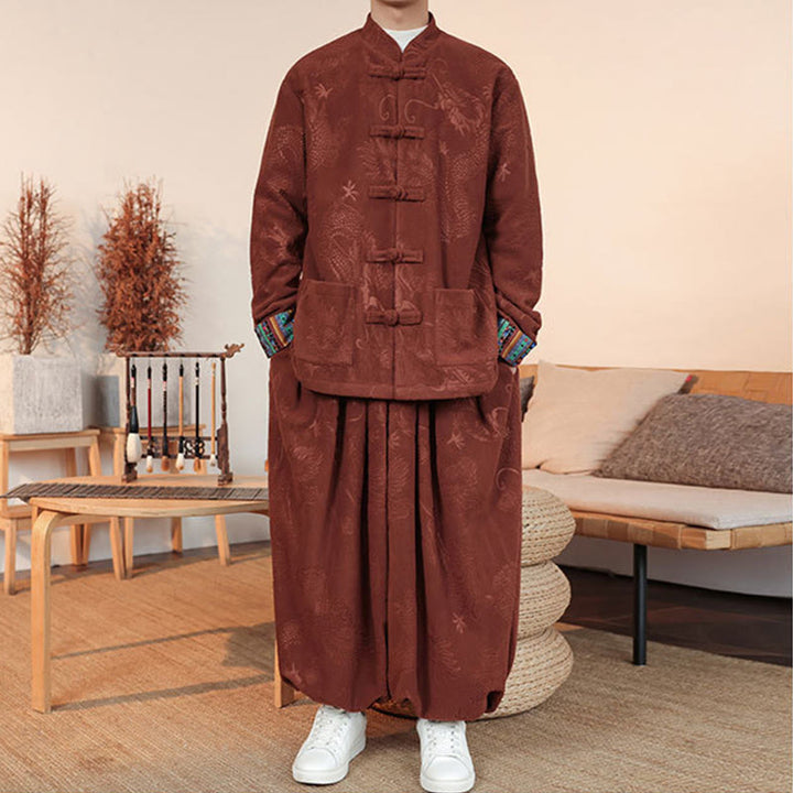Buddha Stones 2点セット 秋冬 メンズ 唐装 ドラゴン カエルボタン コットン 長袖 ジャケット パンツ セット - image 16