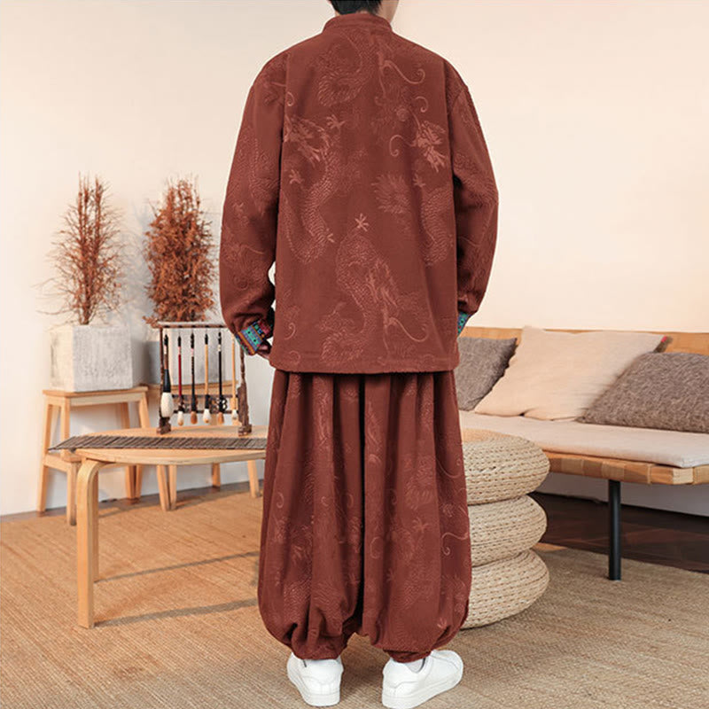 Buddha Stones 2点セット 秋冬 メンズ 唐装 ドラゴン カエルボタン コットン 長袖 ジャケット パンツ セット - image 13